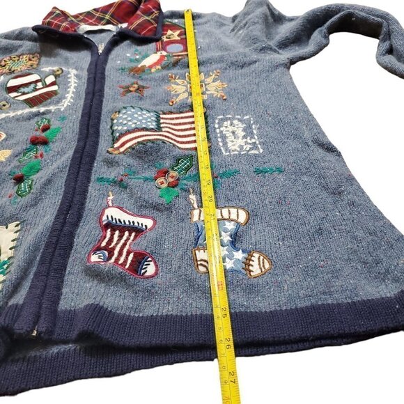 Victoria Jones Xmas Cardigan Ugly Sweater Blue Full Zip Size L Angora Rabbit - Picture 6 of 10